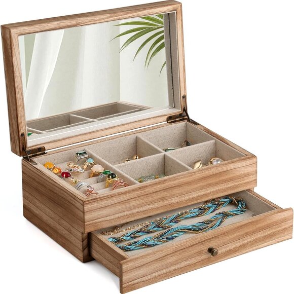 Jewelry Box Organizer for Women, 2 Layer Large Jewelry Storage Case, Rustic Wood - Picture 1 of 8